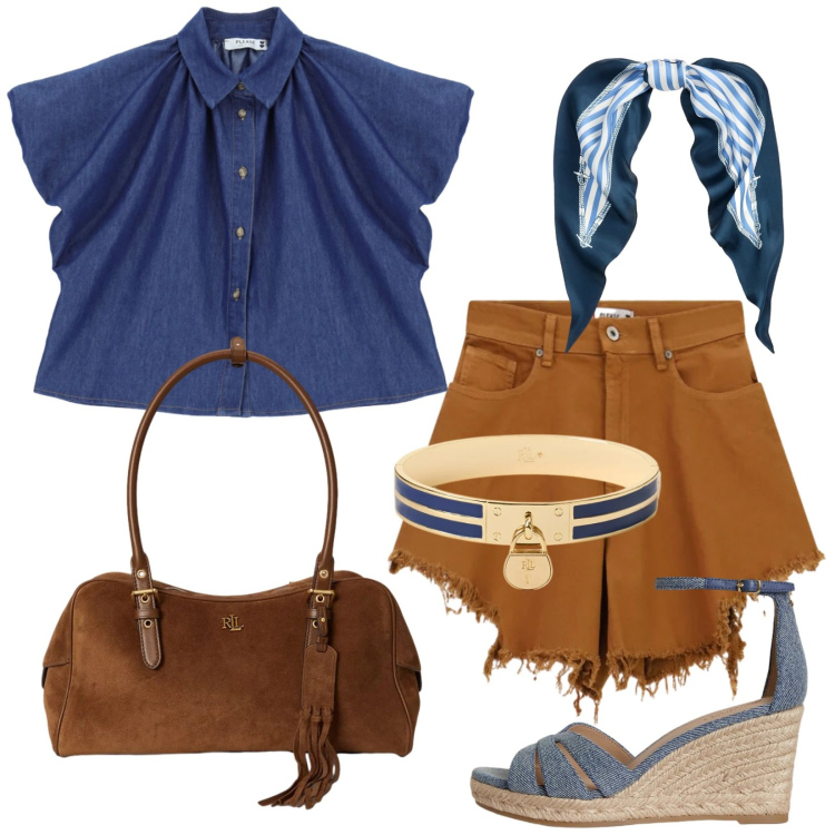Outfit donna - EstatE. Stile Trendy per Tutti i giorni. Abbinamento con camicie a manica corta, shorts, zeppe, borse a spalla, braccialetti con ciondoli, foulard.