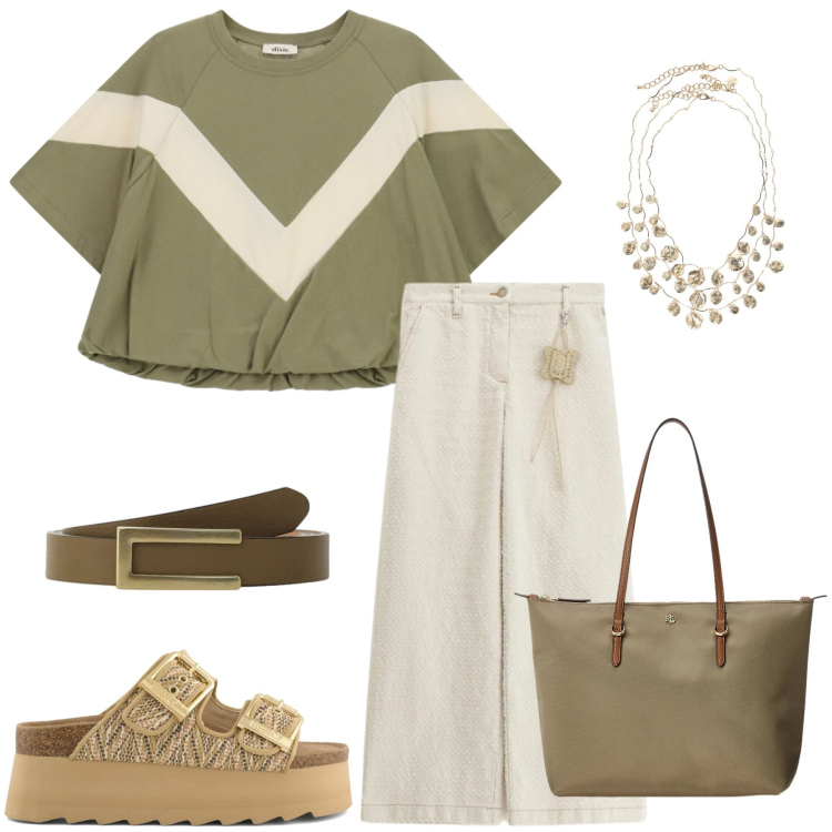Outfit donna - Total look #2411348. Stile Etnico per Tutti i giorni. Abbinamento con pantaloni a palazzo, t-shirt, cinture, collane, borse tote, zeppe.
