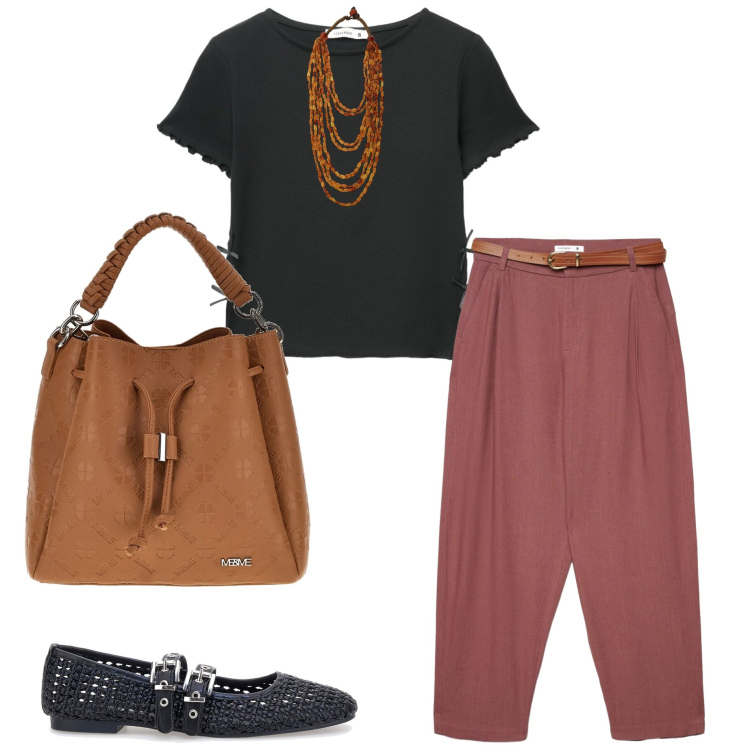 Outfit donna - Giugno con le ballerine. Stile Casual chic per Ufficio. Abbinamento con pantaloni chino, t-shirt, collane, ballerine, borse a tracolla.