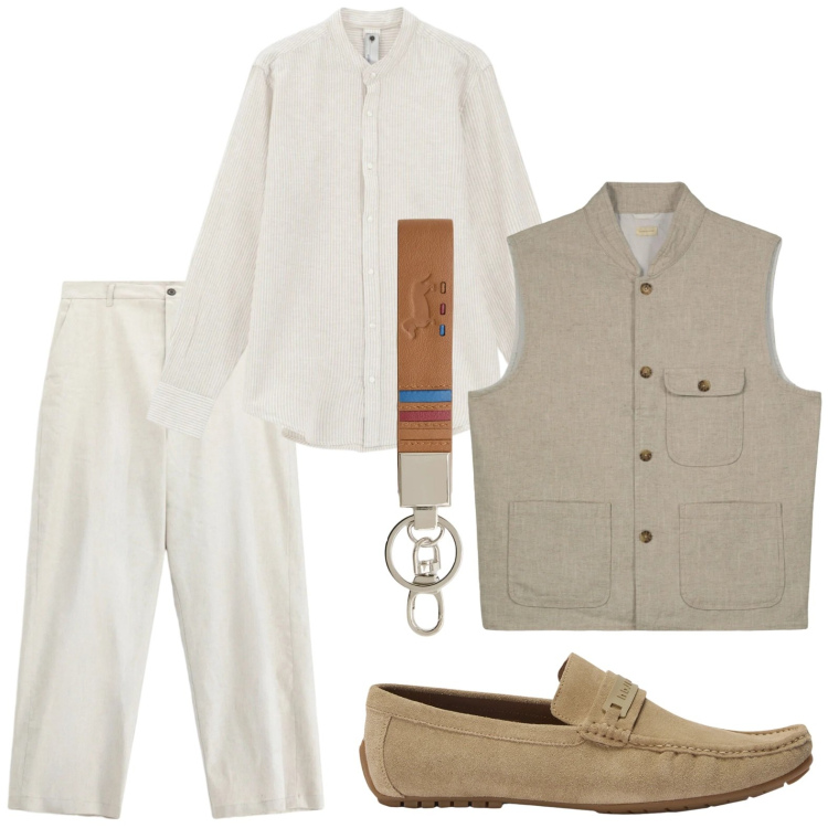 Outfit uomo - Tendenze neutre. Stile Casual per Ufficio. Abbinamento con pantaloni, camicie, portachiavi, scarpe stringate, gilet.