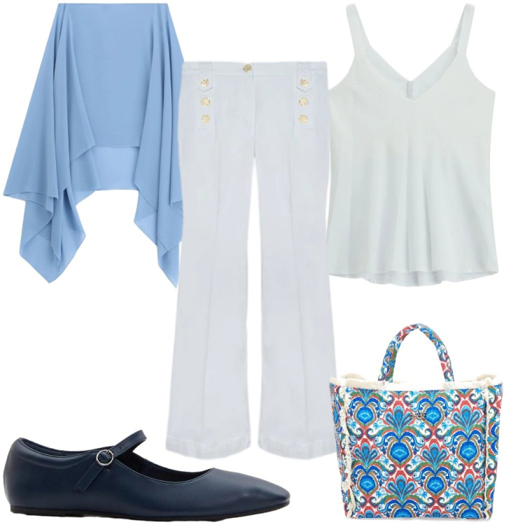 Outfit donna - Giugno con le ballerine - chic. Stile Chic per Tutti i giorni. Abbinamento con ballerine, top, cappe, jeans, shopping bag.