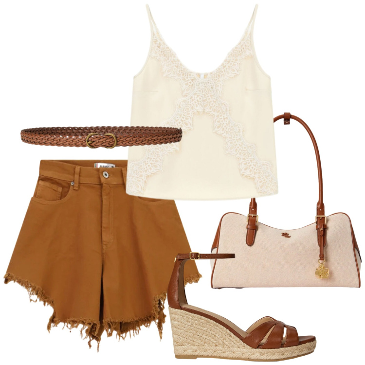 Outfit donna - Total look #2411358. Stile Glamour per Serata fuori. Abbinamento con canottiere, shorts, borse a mano, zeppe, cinture.