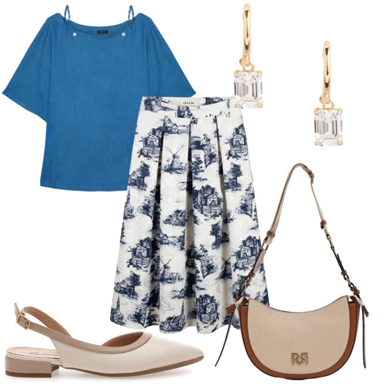 Outfit donna - Giugno con le ballerine - romantica. Stile Romantica per Tutti i giorni. Abbinamento con borse a tracolla, gonne longuette, bluse, orecchini, ballerine.