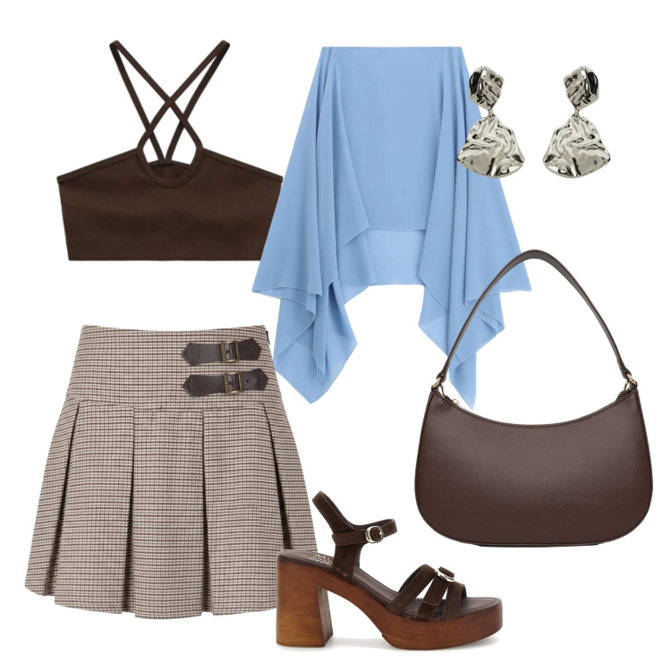 Outfit donna - Total look #2411366. Stile Casual chic per Serata fuori. Abbinamento con minigonne, borse a tracolla, top, cappe, orecchini, sandali in pelle.