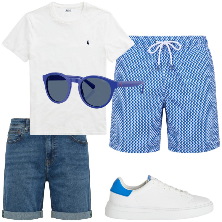 Outfit uomo - Lipari. Stile Casual per Mare. Abbinamento con sneakers, costumi, bermuda, t-shirt, occhiali da sole.