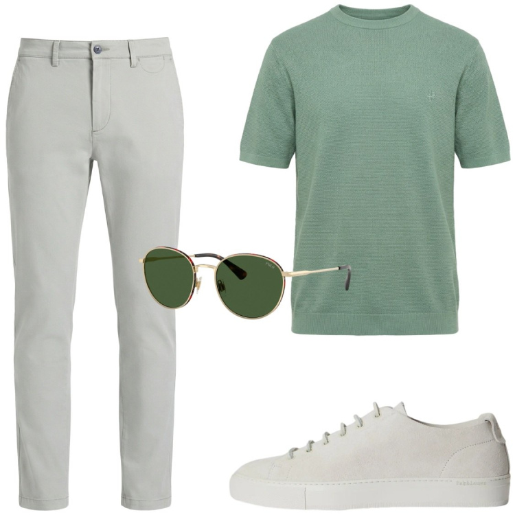 Outfit uomo - I pantaloni dalle mille occasioni. Stile Trendy per Ufficio. Abbinamento con pantaloni chino, t-shirt, sneakers, occhiali da sole.