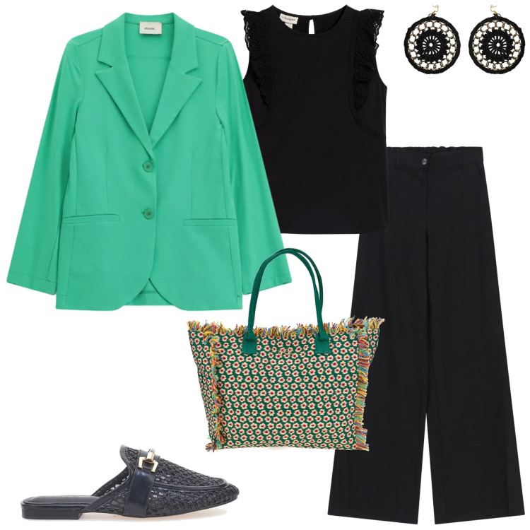 Outfit donna - Un blazer colorato. Stile Casual chic per Serata fuori. Abbinamento con canottiere, blazer, orecchini, pantaloni, sabot, shopping bag.
