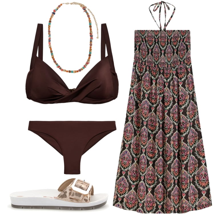 Outfit donna - Total look #2411370. Stile Minimal per Mare. Abbinamento con vestiti da spiaggia, bikini, bikini, collane, ciabatte.