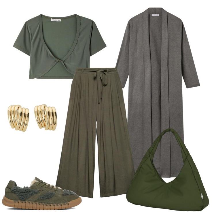 Outfit donna - Total look #2411372. Stile Casual per Serata fuori. Abbinamento con cardigans, pantaloni, top, orecchini, borse a spalla, sneakers.