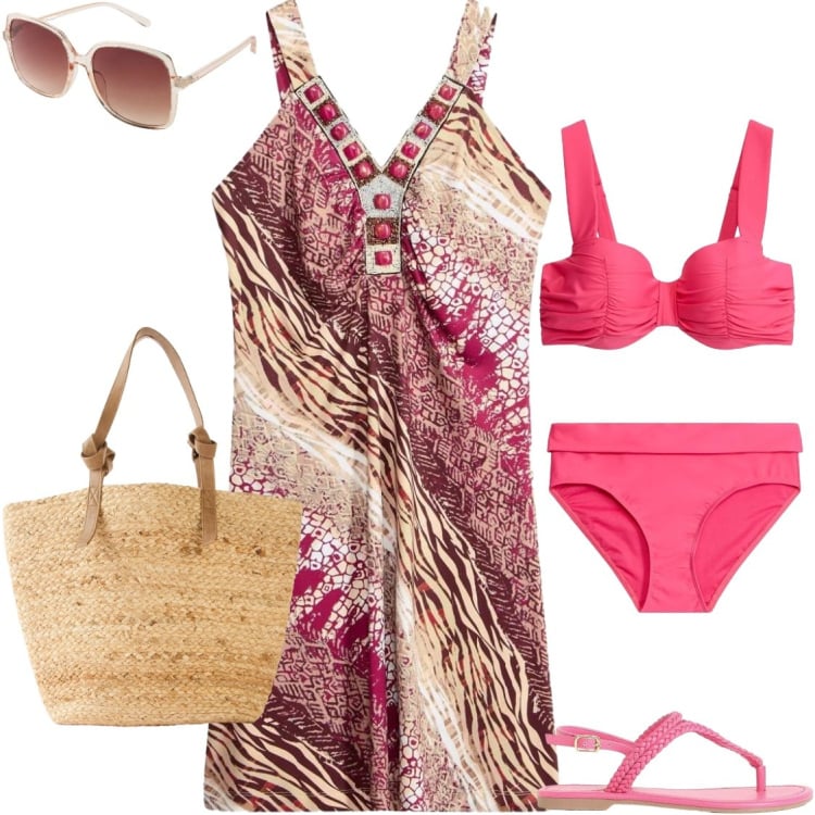 Outfit donna - Estate in riviera. Stile Glamour per Mare. Abbinamento con vestiti, bikini, sandali, occhiali da sole, shopping bag.