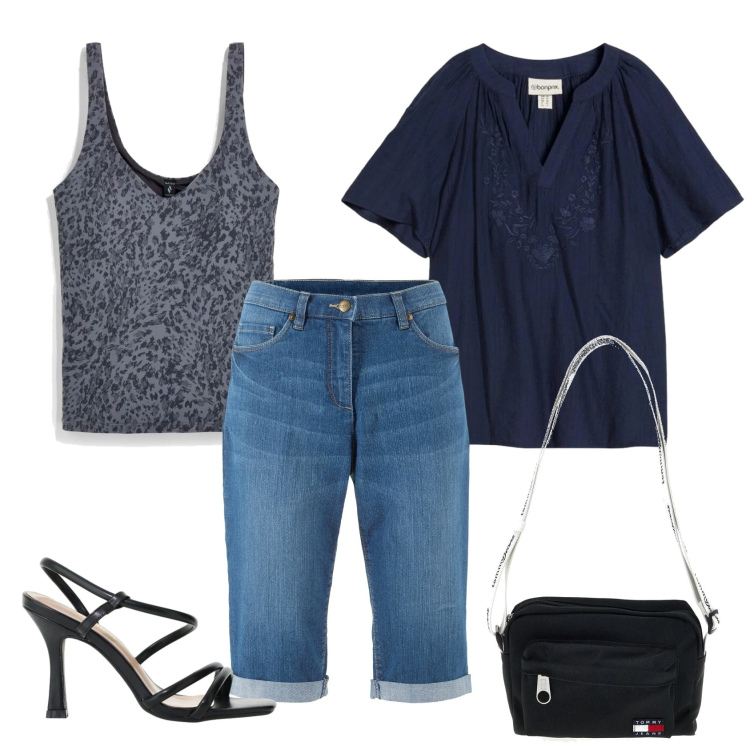 Outfit donna - Total look #2411376. Stile Casual per Tutti i giorni. Abbinamento con bermuda, camicie a manica corta, sandali col tacco, borse a tracolla, canottiere.