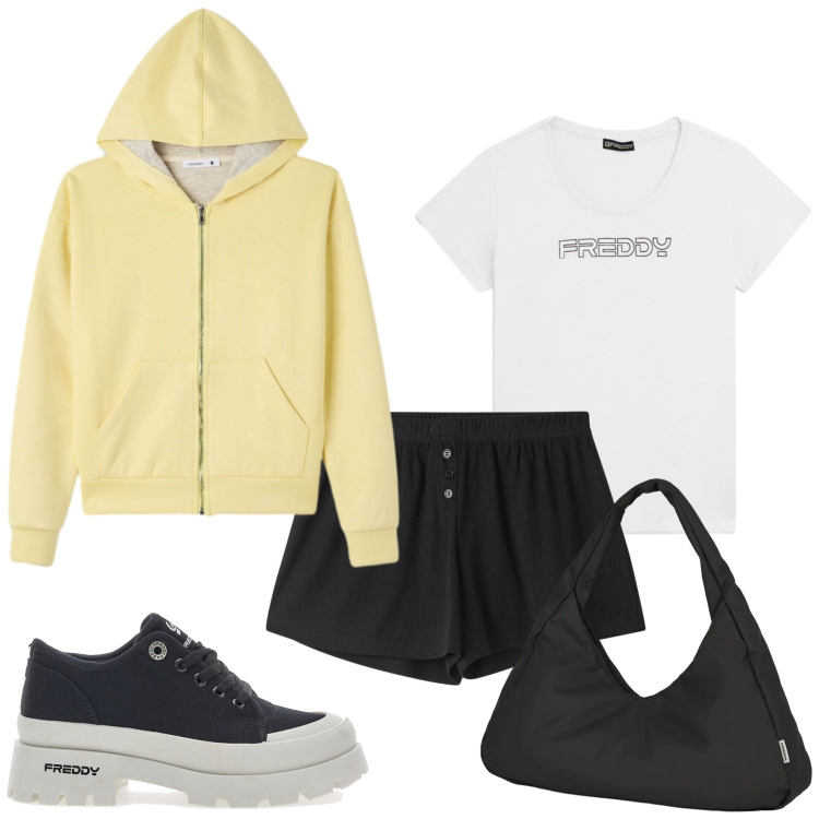 Outfit donna - Total look #2411378. Stile Sporty chic per Sport. Abbinamento con felpe con cappuccio, shorts, t-shirt, borse a spalla, sneakers.
