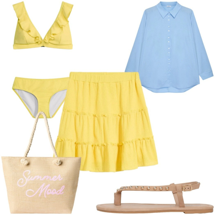 Outfit donna - Giugno:un tocco di giallo e sei al mare. Stile Boho per Mare. Abbinamento con bikini, minigonne, borse tote, ciabatte, camicie.