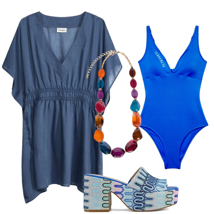 Outfit donna - Total look #2411385. Stile Trendy per Mare. Abbinamento con vestiti da spiaggia, costumi interi, collane, sabot.