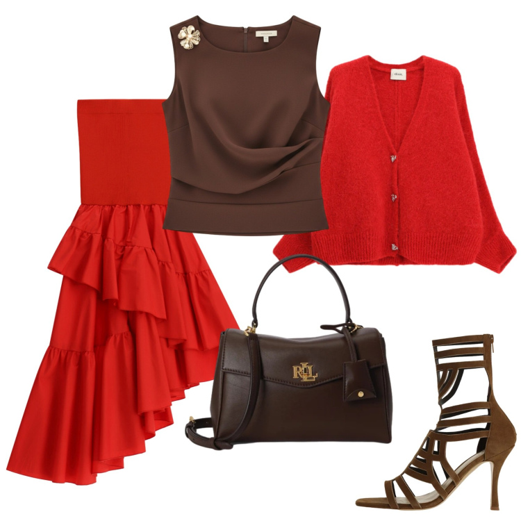 Outfit donna - Total look #2411386. Stile Chic per Serata fuori. Abbinamento con top, gonne lunghe, cardigans, sandali col tacco, borse a mano.