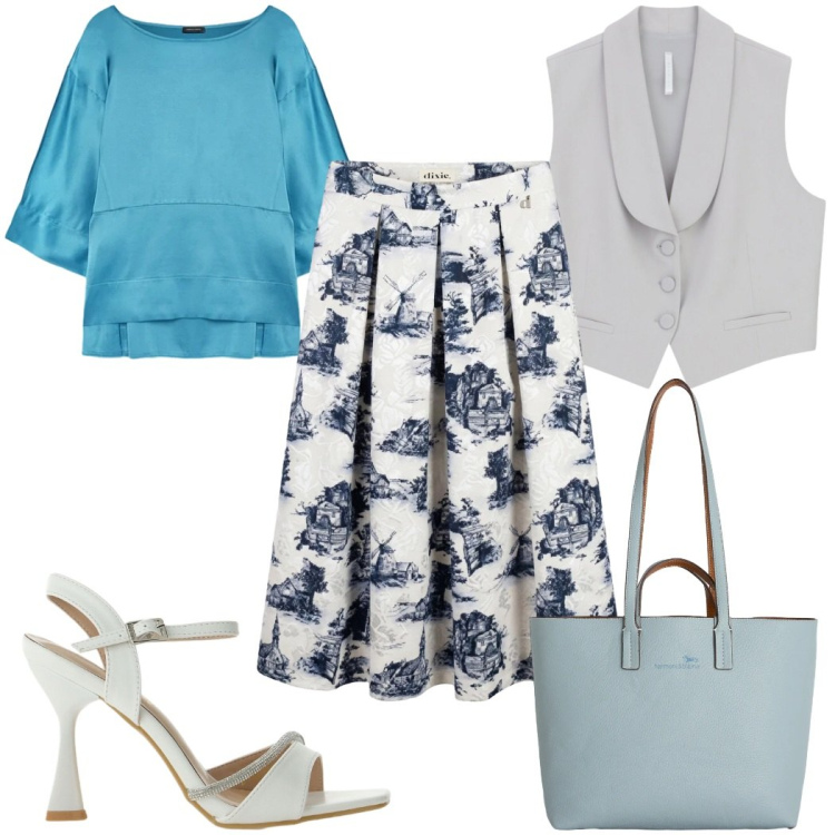 Outfit donna - City Summer Mood : il gilet. Stile Trendy per Tutti i giorni. Abbinamento con shopping bag, gilet, sandali gioiello, bluse, gonne longuette.