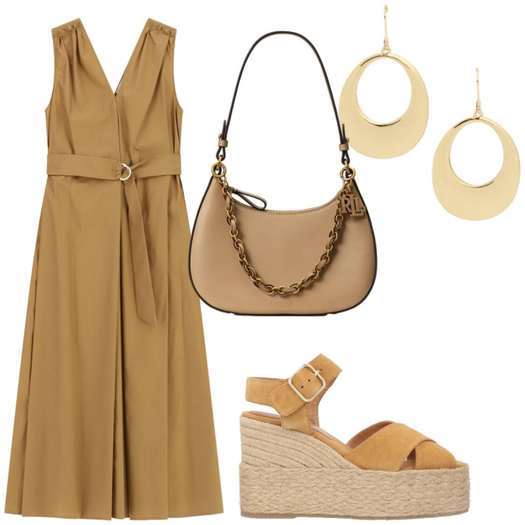 Outfit donna - valorizza la silhouette. Stile Chic per Tutti i giorni. Abbinamento con espadrillas, vestiti midi/longuette, borse a spalla, orecchini.