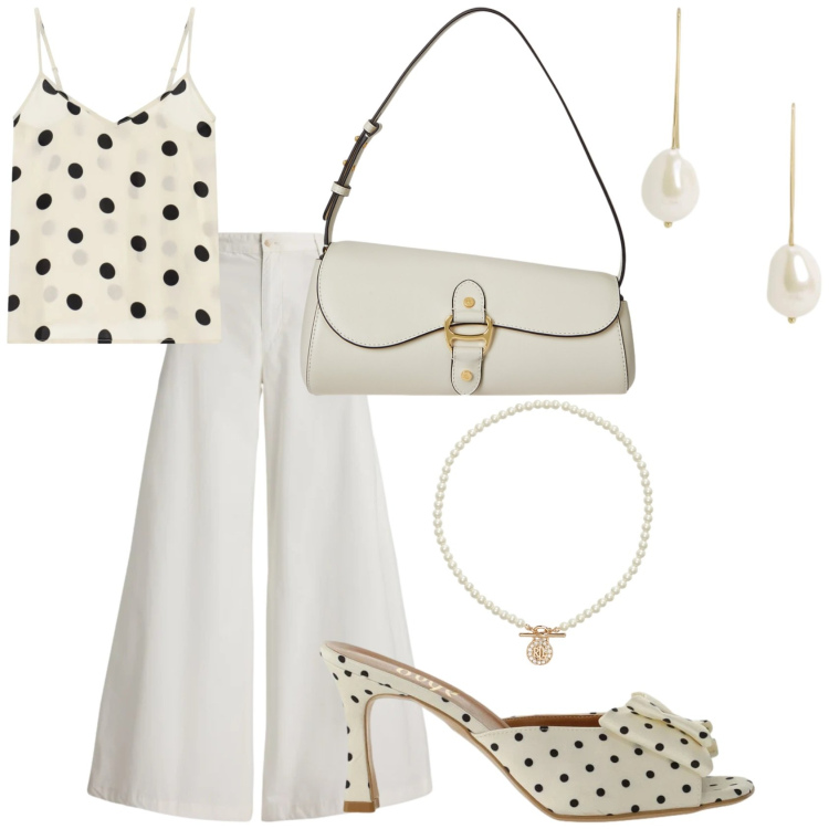 Outfit donna - La carica dei 101. Stile Chic per Ufficio. Abbinamento con sandali col tacco, top, pantaloni, orecchini, ciondoli, borse a spalla.