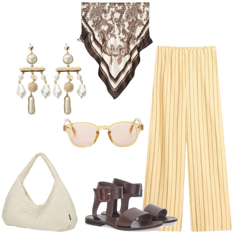 Outfit donna - Total look #2411395. Stile Boho per Tutti i giorni. Abbinamento con pantaloni, top, occhiali da sole, orecchini, borse a spalla, sandali.