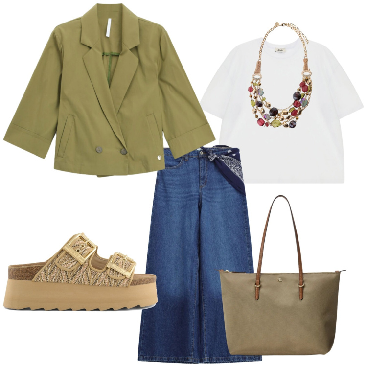 Outfit donna - Total look #2411399. Stile Basic per Tutti i giorni. Abbinamento con blazer, collane, t-shirt, jeans, borse tote, zeppe.