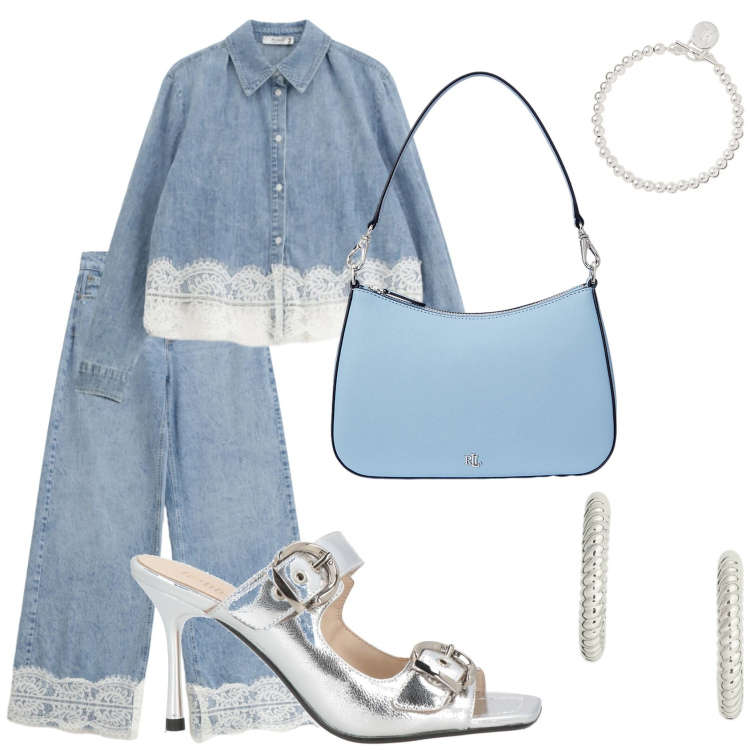 Outfit donna - Angel beauty. Stile Glamour per Serata fuori. Abbinamento con sandali in pelle, jeans, camicie, braccialetti, orecchini, borse a spalla.