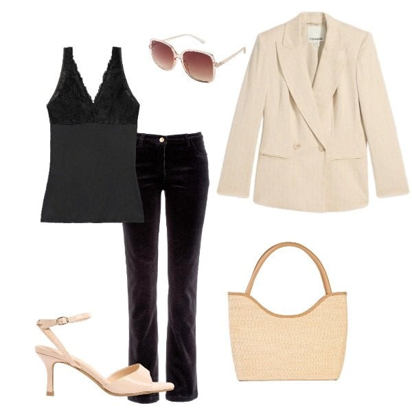 Outfit donna - summer. Stile Sporty chic per Ufficio. Abbinamento con top, pantaloni, blazer, sandali col tacco, occhiali da sole, shopping bag.