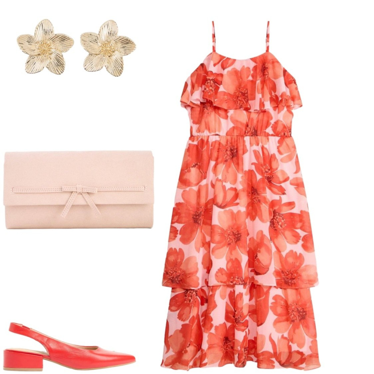 Outfit donna - Serate estive. Stile Romantica per Serata fuori. Abbinamento con vestiti, décolleté, orecchini, pochette.