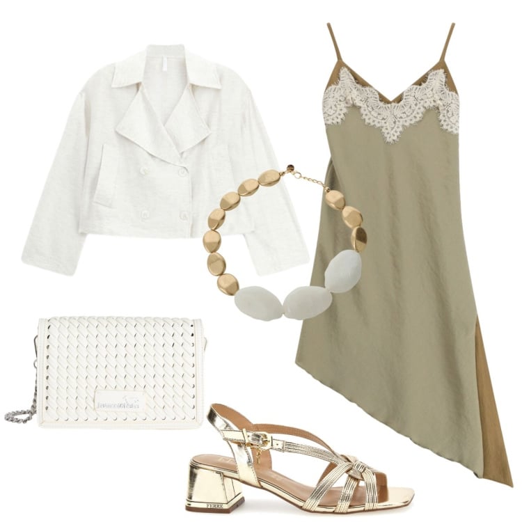 Outfit donna - Con il bomber bianco-gemelli 2. Stile Glamour per Serata fuori. Abbinamento con blazer, borse a tracolla, collane, vestiti asimmetrici, sandali in pelle.