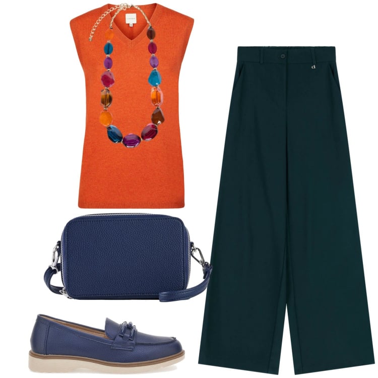 Outfit donna - Total look #2411406. Stile Casual chic per Tutti i giorni. Abbinamento con borse a tracolla, pantaloni a palazzo, collane, maglieria, mocassini.