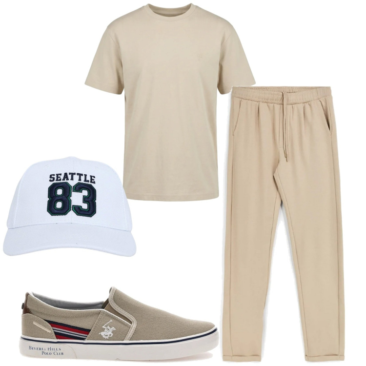Outfit uomo - Total look #2411407. Stile Trendy per Tutti i giorni. Abbinamento con cappelli, t-shirt, pantaloni, scarpe stringate.