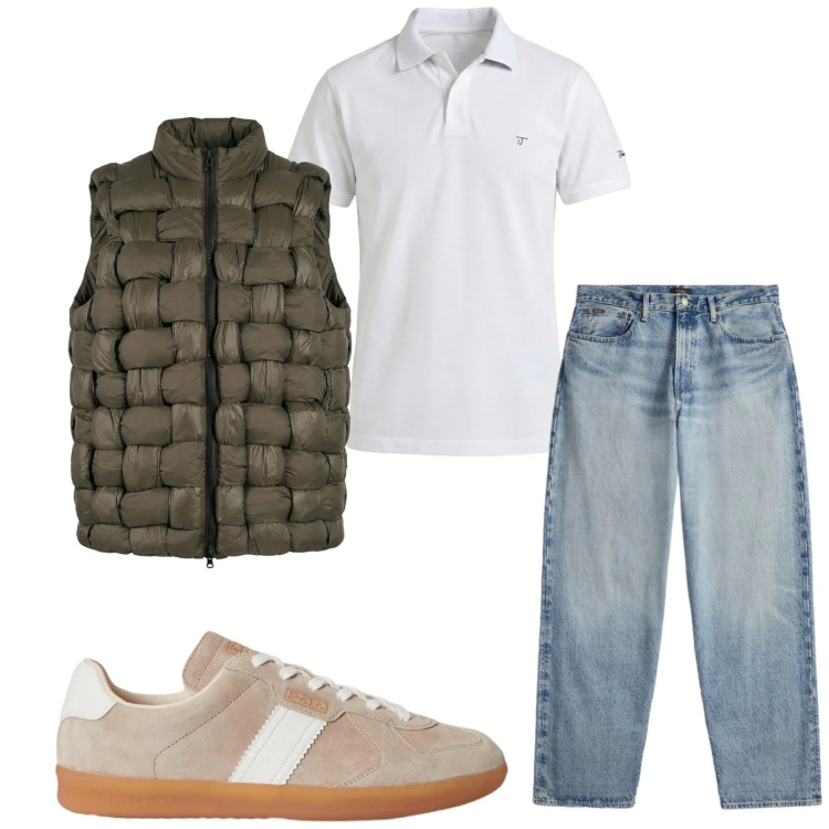 Outfit uomo - Total look #2411408. Stile Trendy per Tutti i giorni. Abbinamento con polo, jeans, sneakers, gilet.