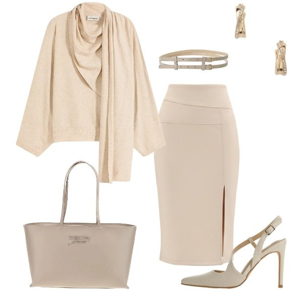 Outfit donna - beige chic. Stile Chic Abbinamento con maglieria, gonne longuette, décolleté, cinture, orecchini, borse a spalla.