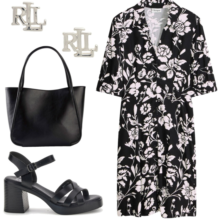 Outfit donna - Total look #2411412. Stile Chic per Ufficio. Abbinamento con shopping bag, vestiti, orecchini, sandali col tacco.