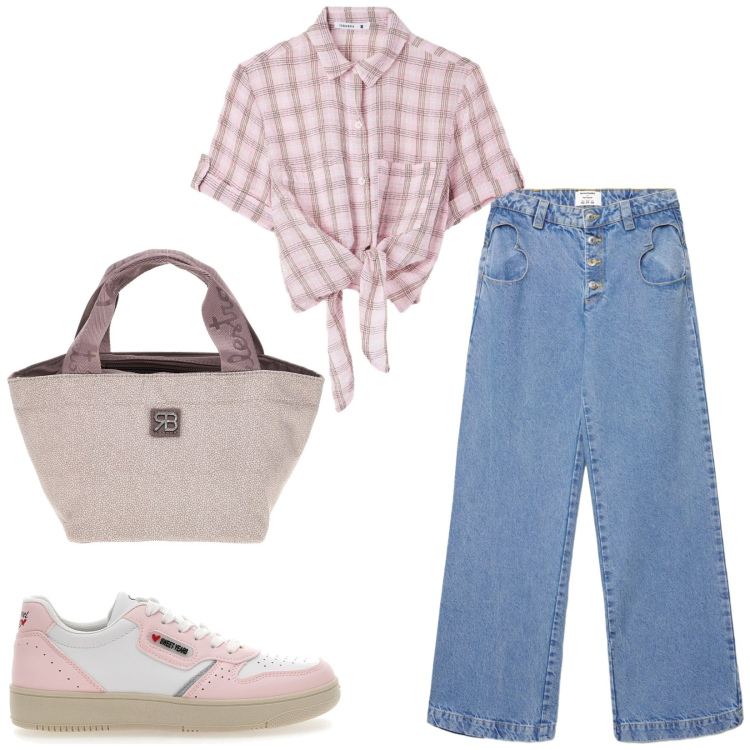 Outfit donna - Total look #2411413. Stile Casual per Tutti i giorni. Abbinamento con jeans, camicie a manica corta, sneakers, borse a mano.