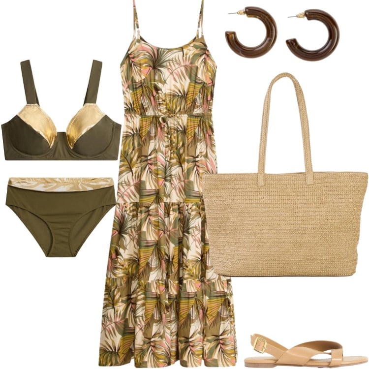 Outfit donna - Tropic. Stile Etnico per Mare. Abbinamento con vestiti lunghi, bikini, sandali, shopping bag, orecchini.