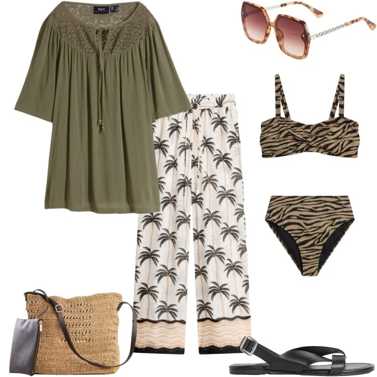 Outfit donna - Palm beach. Stile Etnico per Mare. Abbinamento con bikini, pantaloni a palazzo, tuniche, sandali, occhiali da sole, borse a tracolla.