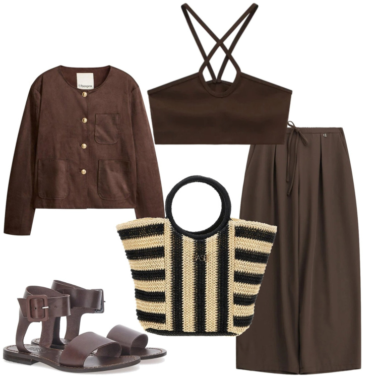Outfit donna - Total look #2411421. Stile Etnico per Tutti i giorni. Abbinamento con blazer, top, pantaloni a palazzo, sandali, borse a mano.