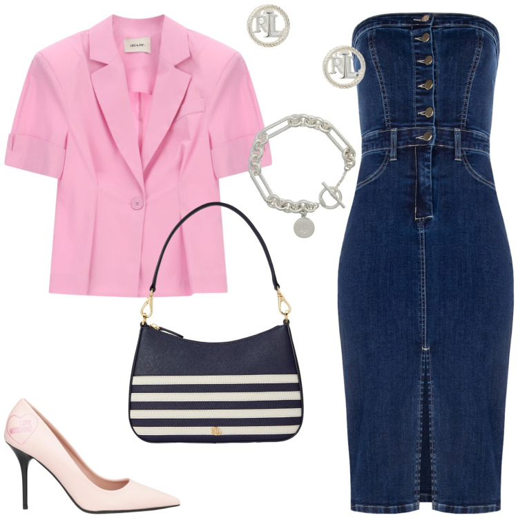 Outfit donna - Un outfit in giugno. Stile Glamour per Serata fuori. Abbinamento con décolleté, vestiti a tubino, braccialetti, orecchini, borse a spalla, blazer.