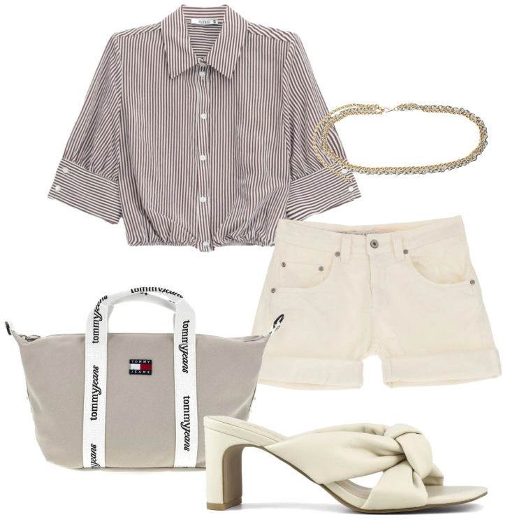 Outfit donna - Aperitivo in barca. Stile Casual chic per Mare. Abbinamento con camicie, shorts, cinture, sandali col tacco, shopping bag.