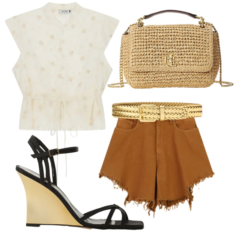 Outfit donna - Pantaloni per l\'aperitivo. Stile Glamour per Serata fuori. Abbinamento con shorts, top, sandali col tacco, borse a spalla, cinture.