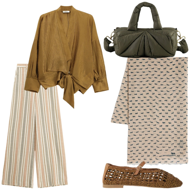 Outfit donna - Natural day. Stile Casual chic per Tutti i giorni. Abbinamento con sciarpe, bluse, pantaloni a palazzo, ballerine, borse a mano.