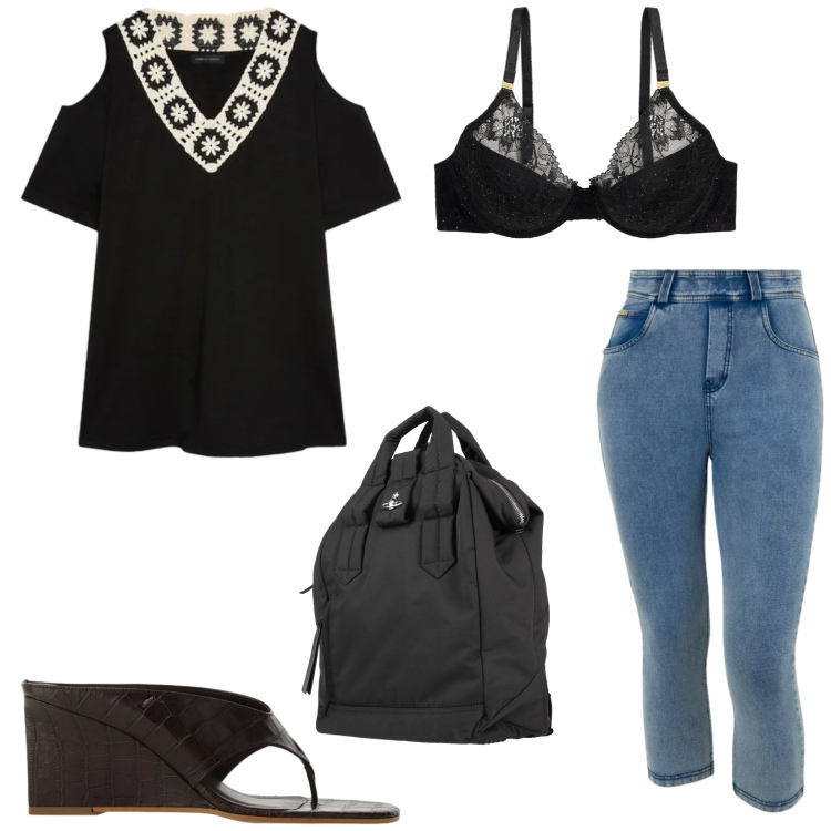 Outfit donna - Total look #2411436. Stile Casual chic per Tutti i giorni. Abbinamento con zaini, jeans skinny, sandali, t-shirt, reggiseni.