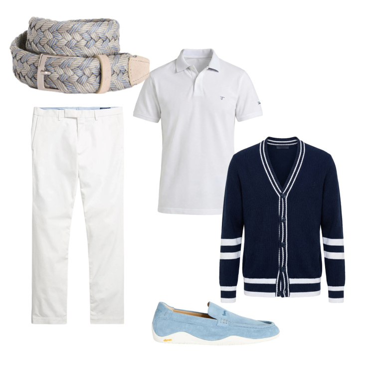 Outfit uomo - Nautical Elegance. Stile Business/Elegante per Serata speciale. Abbinamento con scarpe stringate, cardigans, polo, cinture, pantaloni chino.