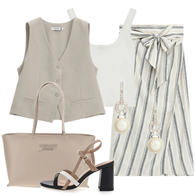 Outfit donna - Gonna a pareo. Stile Glamour per Ufficio. Abbinamento con gonne longuette, gilet, top, orecchini, sandali col tacco, borse a spalla.