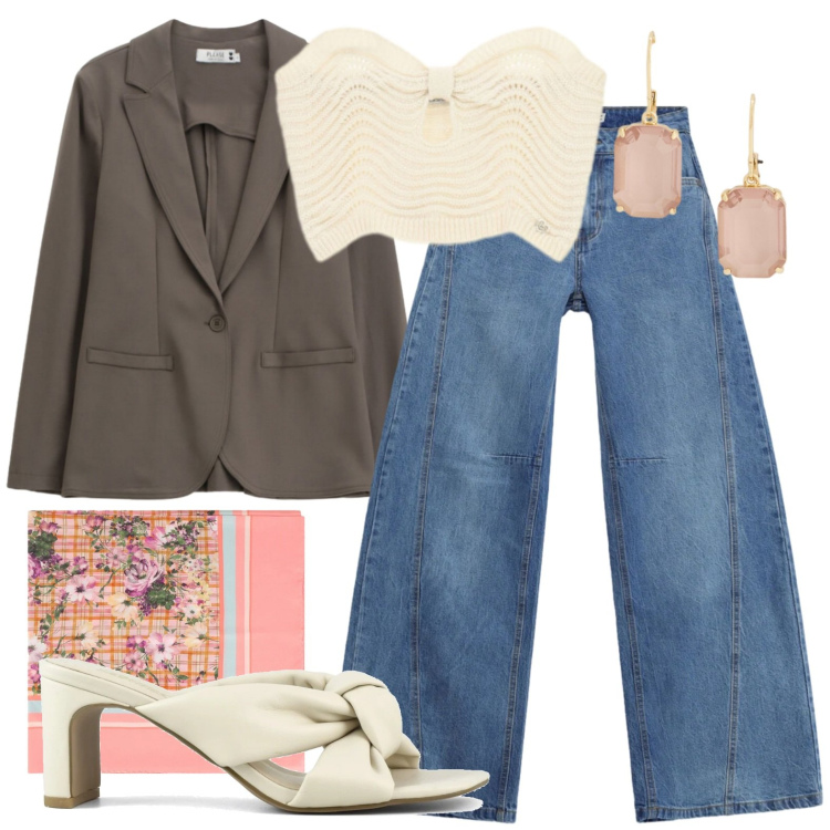Outfit donna - Top a cuore. Stile Glamour per Serata fuori. Abbinamento con jeans, blazer, top, foulard, orecchini, sandali col tacco.