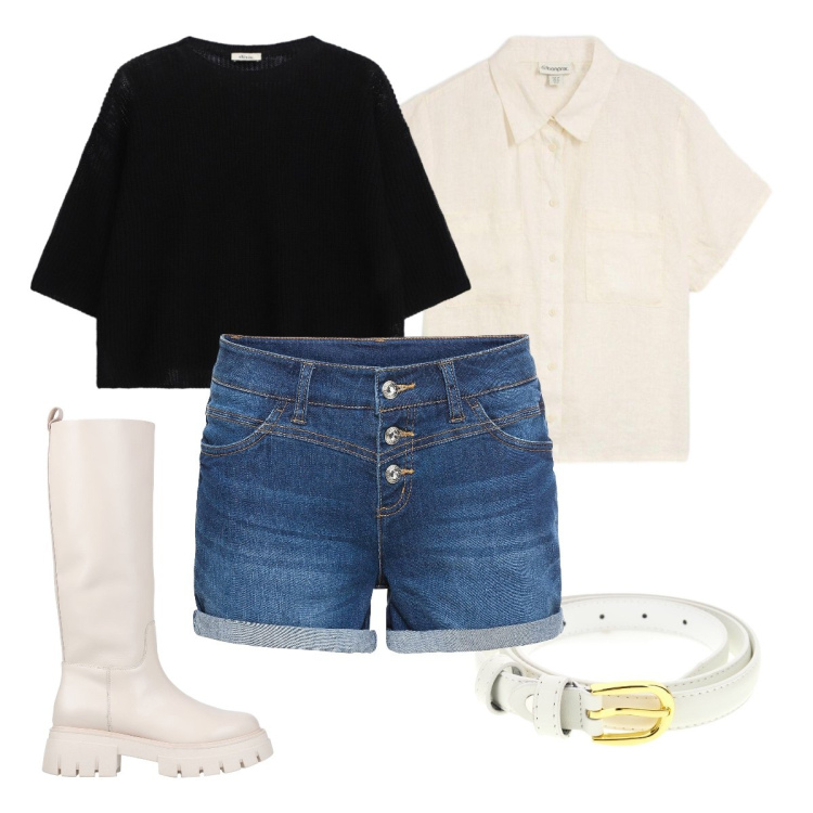 Outfit donna - Al mare con la pioggia. Stile Basic per Tutti i giorni. Abbinamento con stivali, shorts, camicie a manica corta, maglieria, cinture.