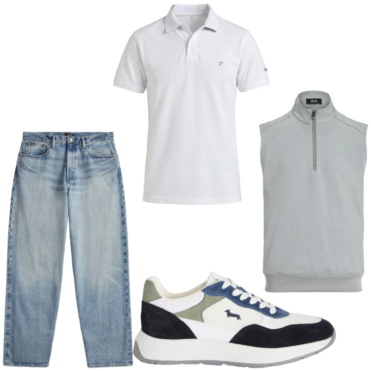 Outfit uomo - Guardaroba estivo variabile. Stile Trendy per Tutti i giorni. Abbinamento con sneakers, polo, gilet, jeans.