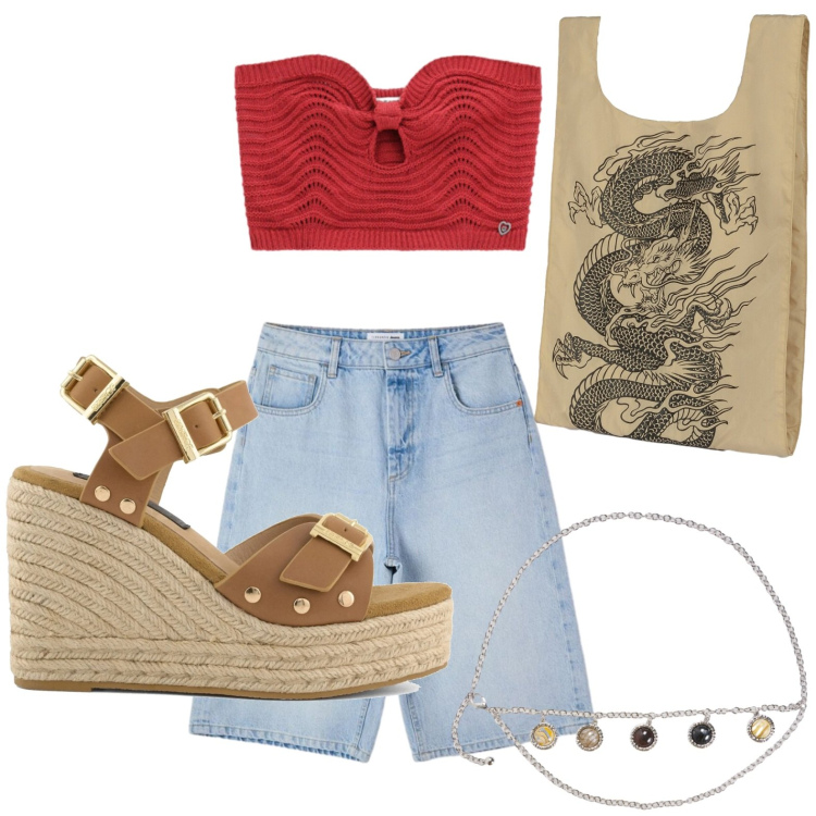 Outfit donna - Mini top di stagione. Stile Etnico per Tutti i giorni. Abbinamento con bermuda, cinture, top, shopping bag, zeppe.