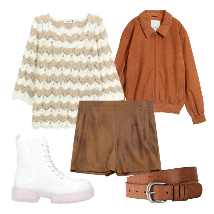 Outfit donna - Oggi fa freddo. Stile Casual per Tutti i giorni. Abbinamento con stivaletti, cappotti, cinture, shorts, maglieria.