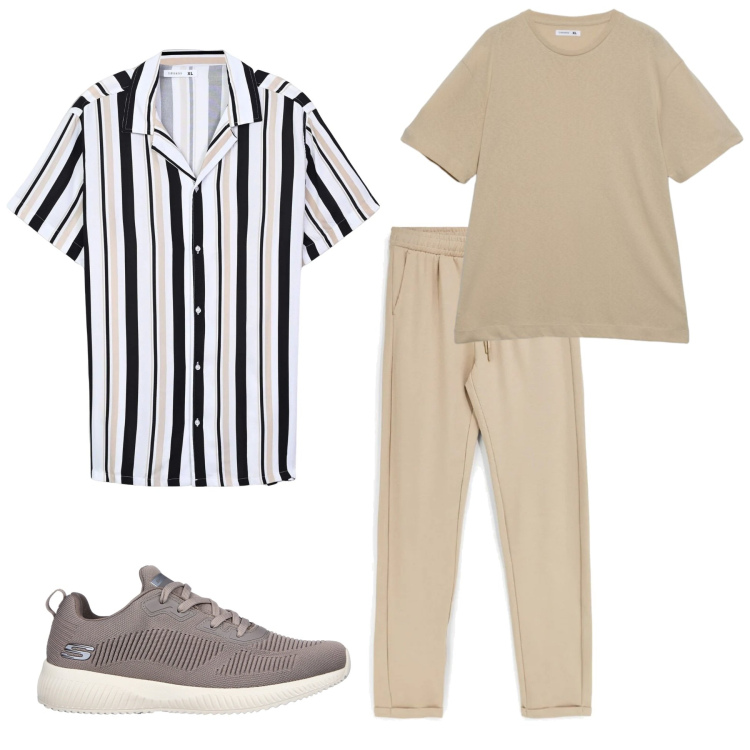 Outfit uomo - Minimal Summer comfort. Stile Casual per Tutti i giorni. Abbinamento con camicie a manica corta, t-shirt, sneakers, pantaloni.